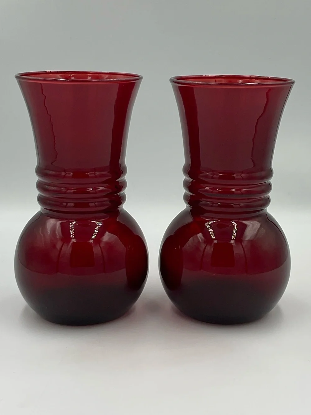 Vintage Anchor Hocking Royal Ruby Red Optic Swirl Ball Vases Set of 2